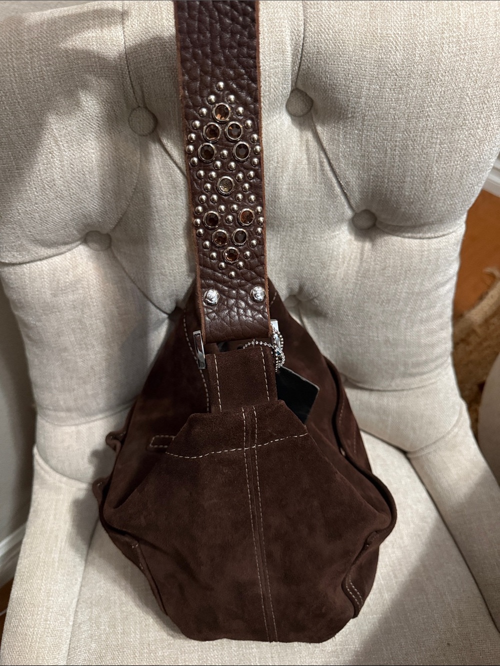 Tylie Malibu Dark Brown Suede Shoulder Bag with Leather Studded Strap - Picture 3 of 14